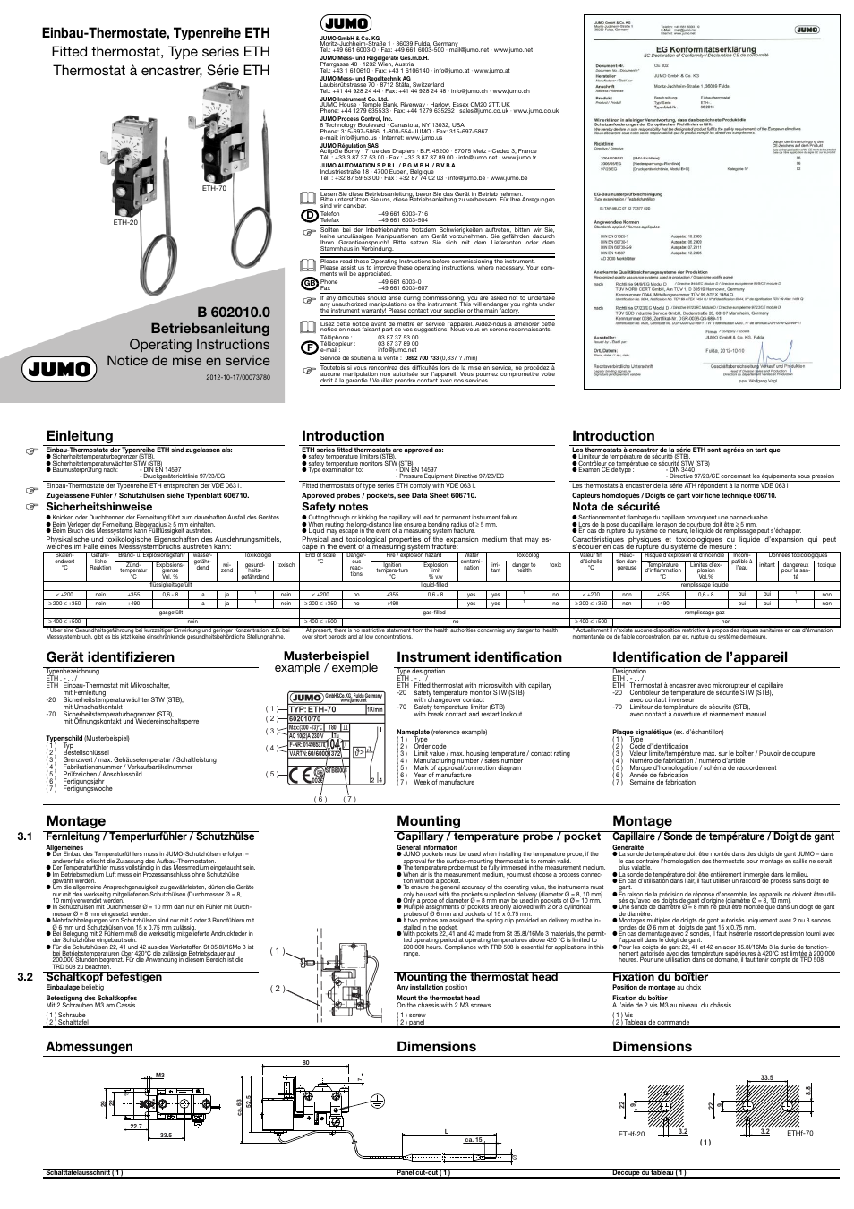 JUMO 60.2010 Panel-mounting thermostats, ETH Operating Manual User Manual | 2 pages
