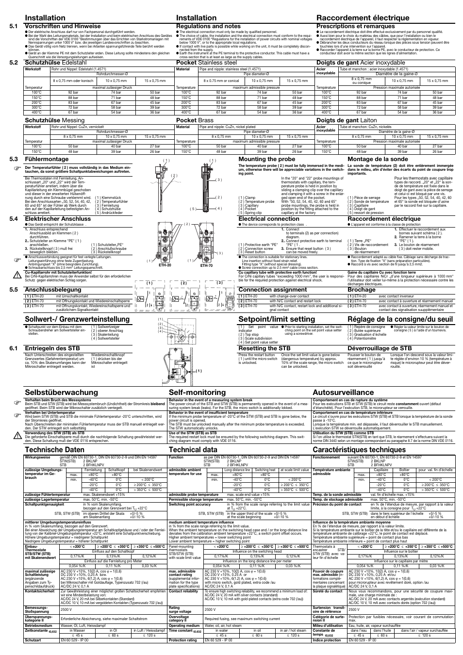 Installation installation raccordement électrique, Selbstüberwachung self-monitoring autosurveillance, 1 vorschriften und hinweise | Prescriptions et remarques, 4 elektrischer anschluss, Electrical connection, Raccordement électrique, 5 anschlussbelegung connection assignment brochage | JUMO 60.2010 Panel-mounting thermostats, ETH Operating Manual User Manual | Page 2 / 2