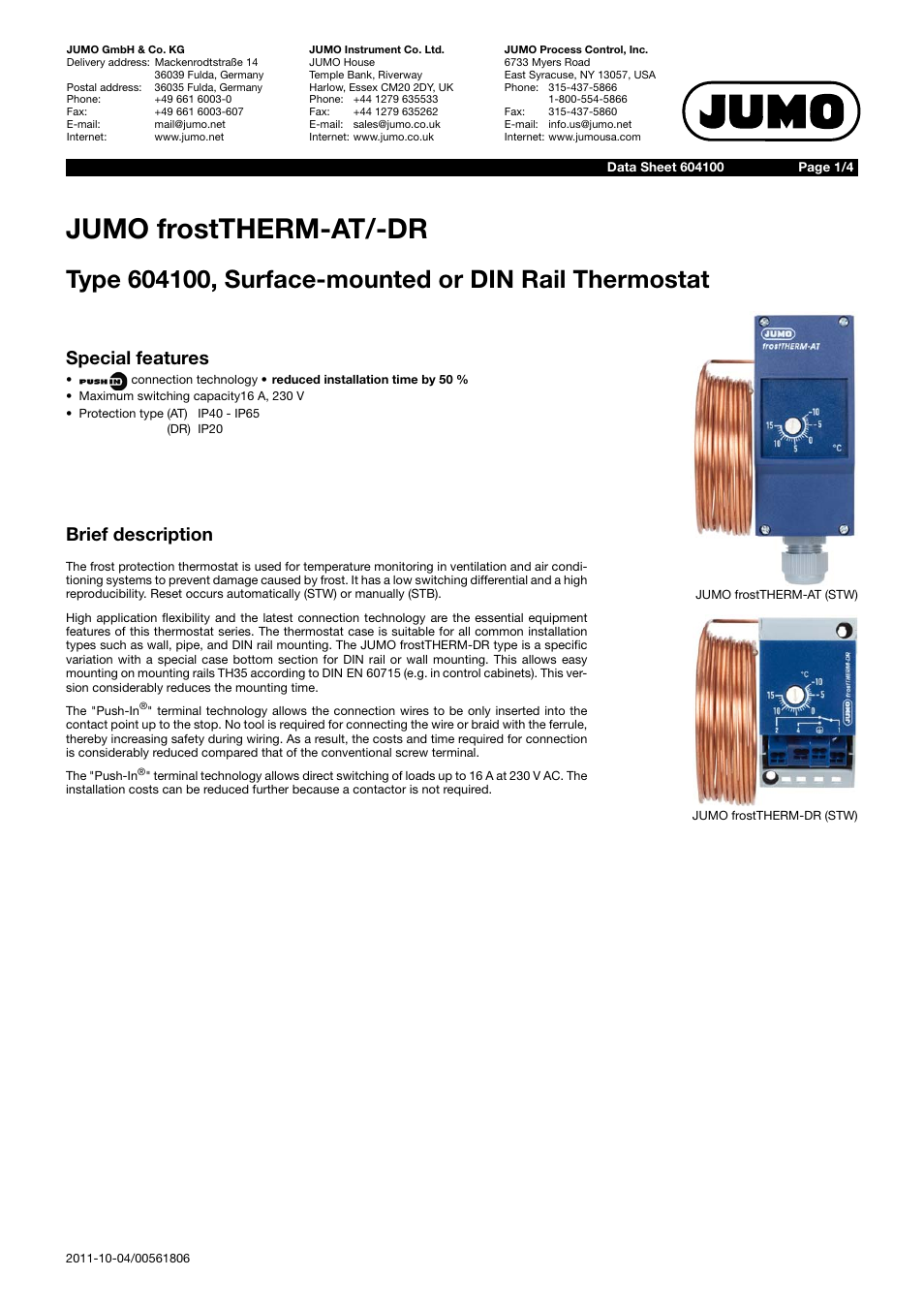 JUMO 604100 frostTHERM-AT/-DR Data Sheet User Manual | 4 pages