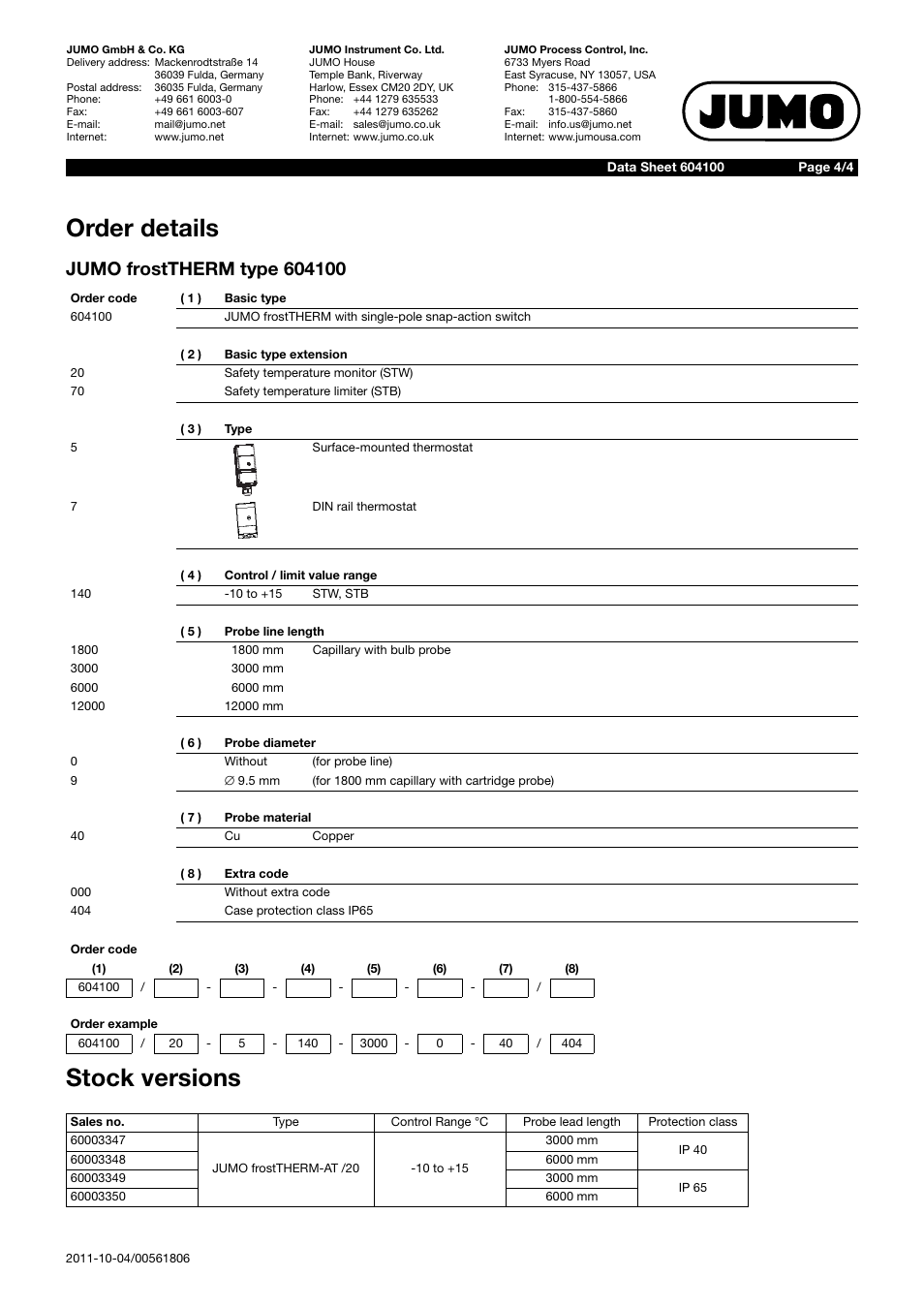 Order details, Stock versions | JUMO 604100 frostTHERM-AT/-DR Data Sheet User Manual | Page 4 / 4