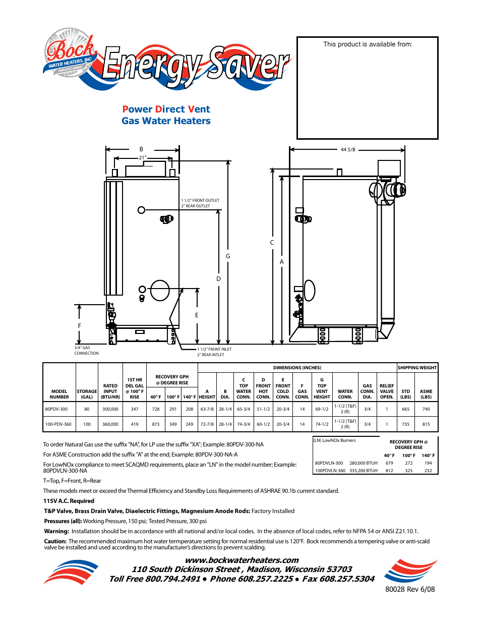 Energy saver, Power d irect v ent gas water heaters | Bock Water heaters Gas Water Heaters User Manual | Page 2 / 2