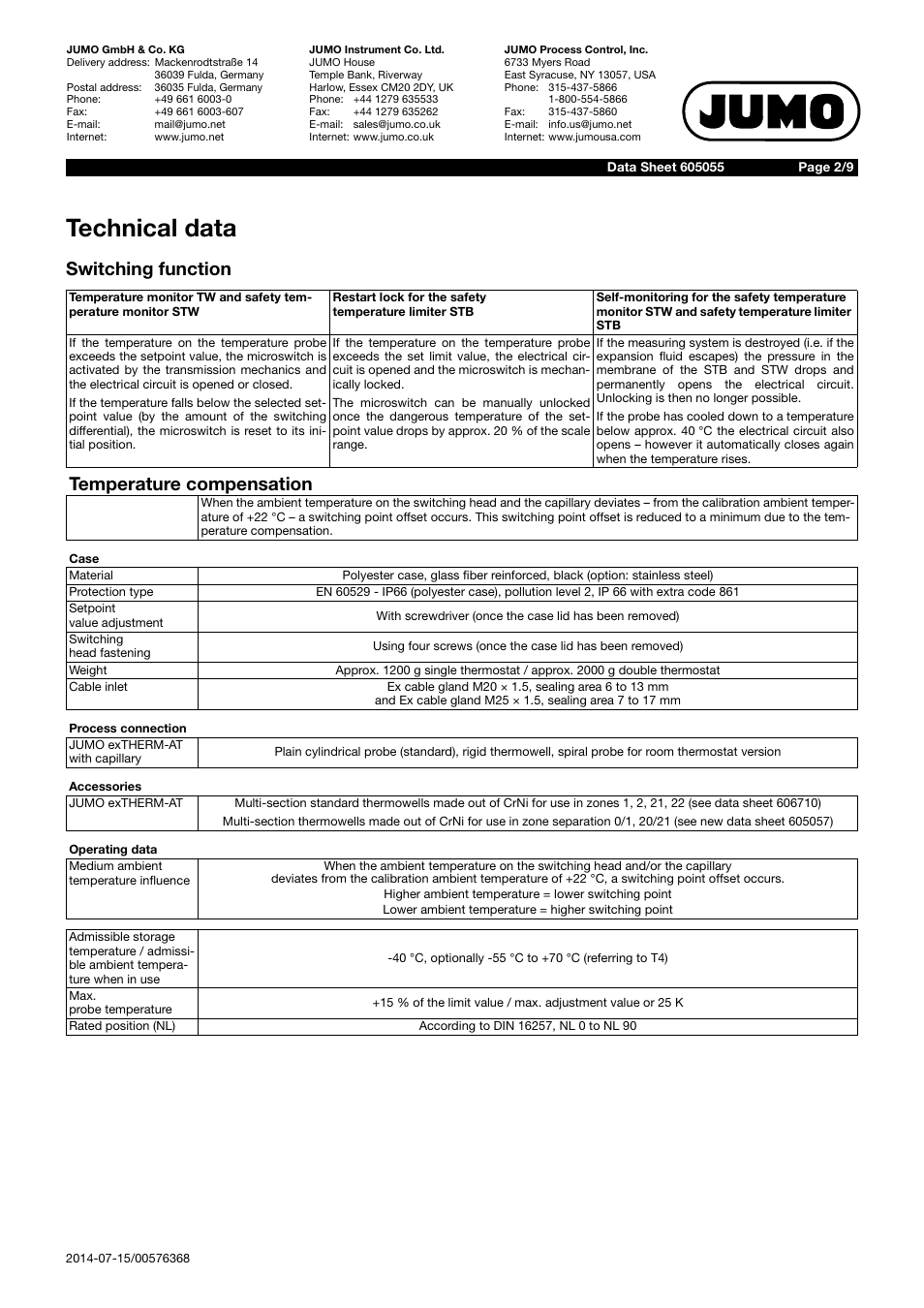 Technical data, Switching function, Temperature compensation | JUMO 605055 exTHERM-AT Data Sheet User Manual | Page 2 / 9