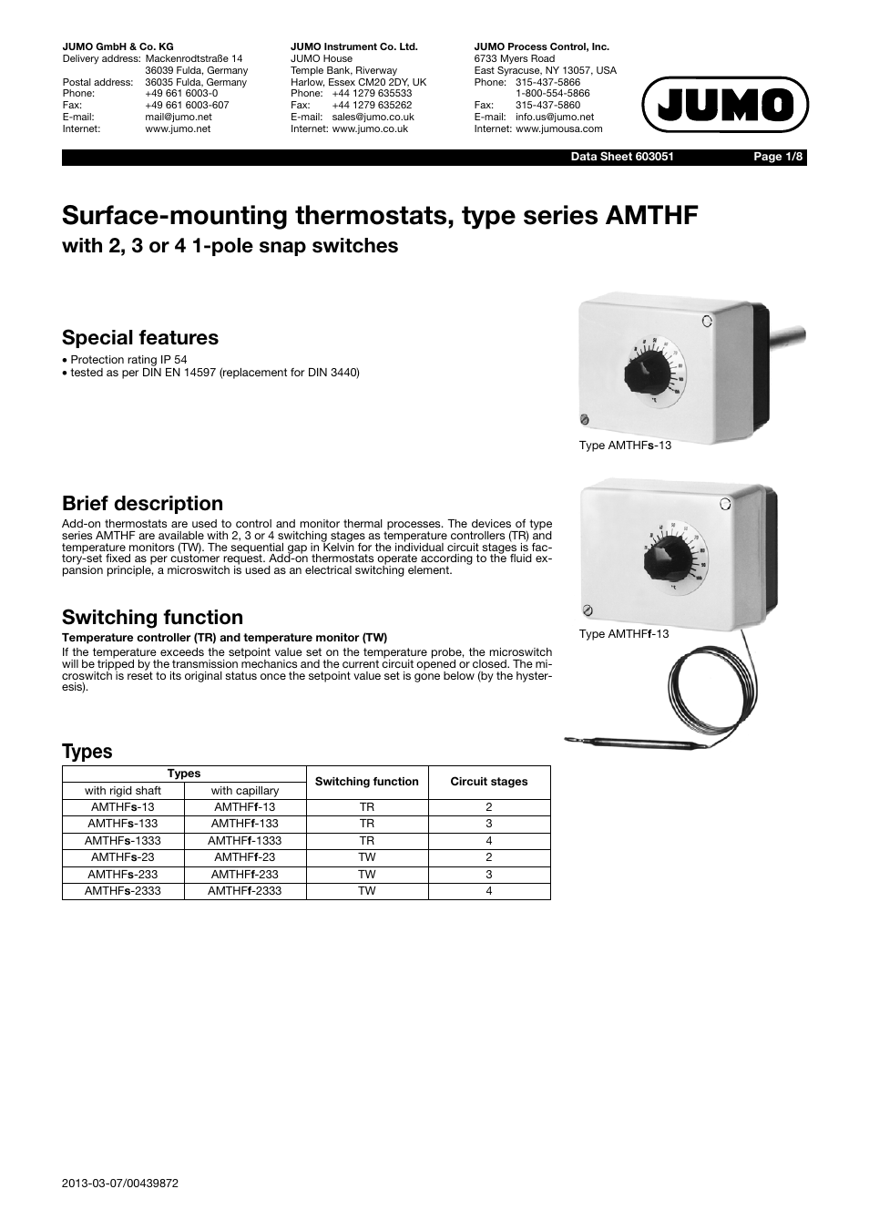 JUMO 603051 Surface-Mounted Thermostats, AMTHF series Data Sheet User Manual | 8 pages