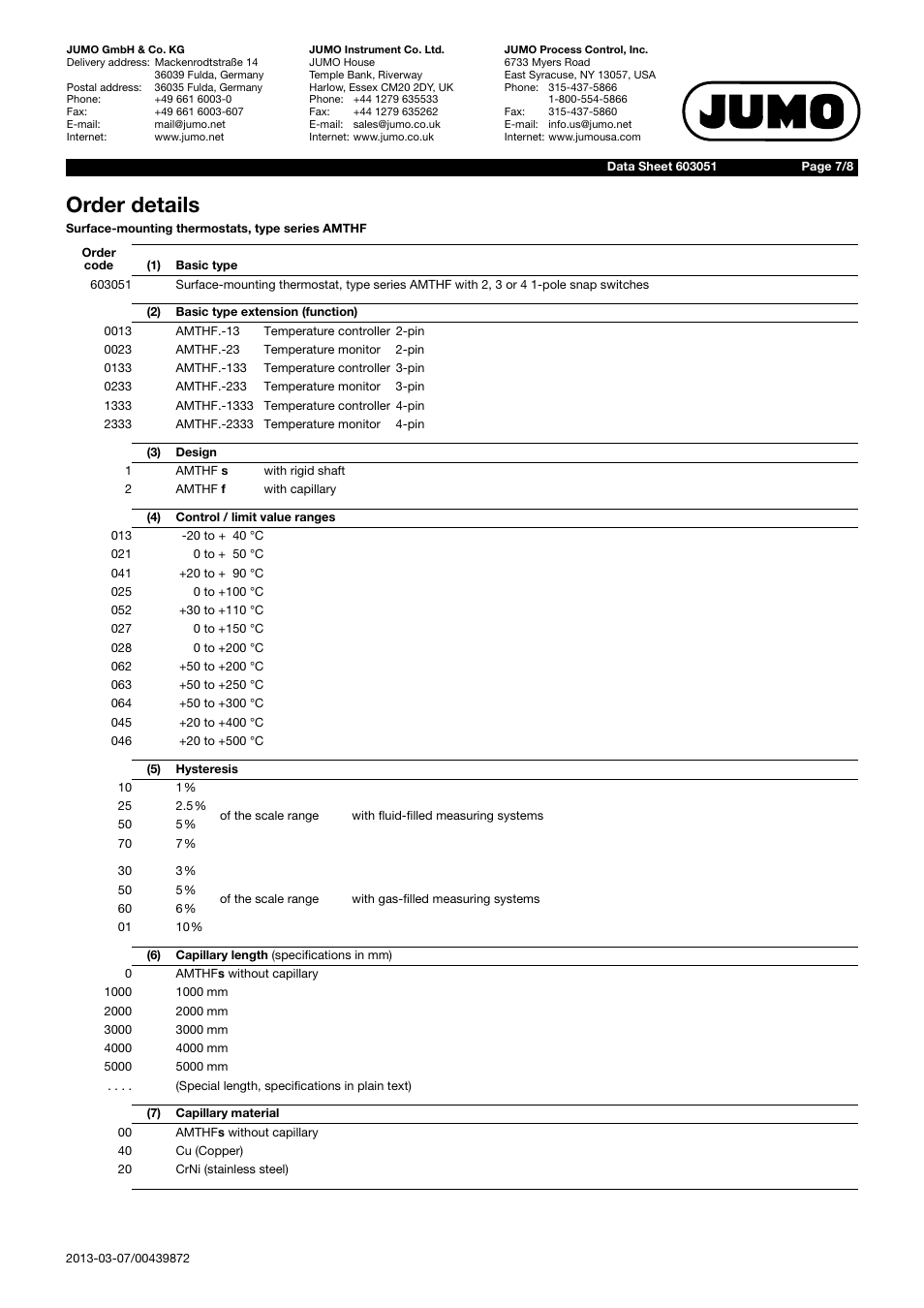 Order details | JUMO 603051 Surface-Mounted Thermostats, AMTHF series Data Sheet User Manual | Page 7 / 8