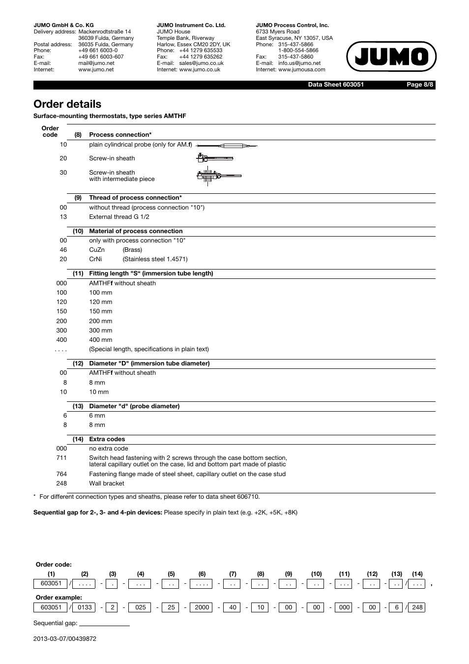 Order details | JUMO 603051 Surface-Mounted Thermostats, AMTHF series Data Sheet User Manual | Page 8 / 8