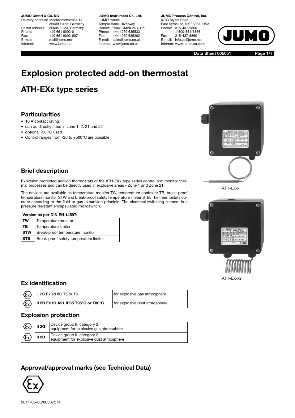 JUMO 60.5051 Explosion-protected surface-mounting thermostat, ATH-EXx Data Sheet User Manual | 7 pages