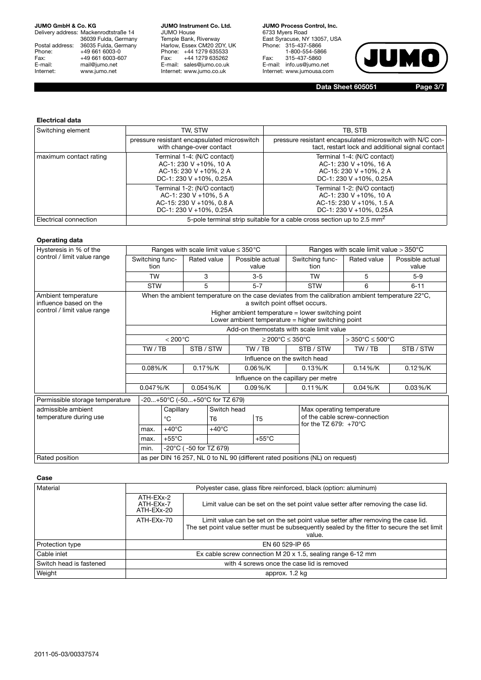 JUMO 60.5051 Explosion-protected surface-mounting thermostat, ATH-EXx Data Sheet User Manual | Page 3 / 7