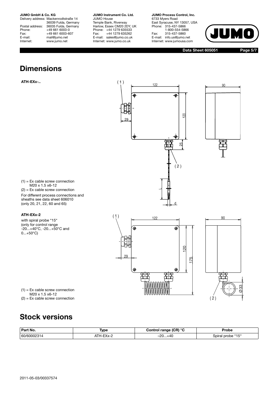 Dimensions stock versions | JUMO 60.5051 Explosion-protected surface-mounting thermostat, ATH-EXx Data Sheet User Manual | Page 5 / 7