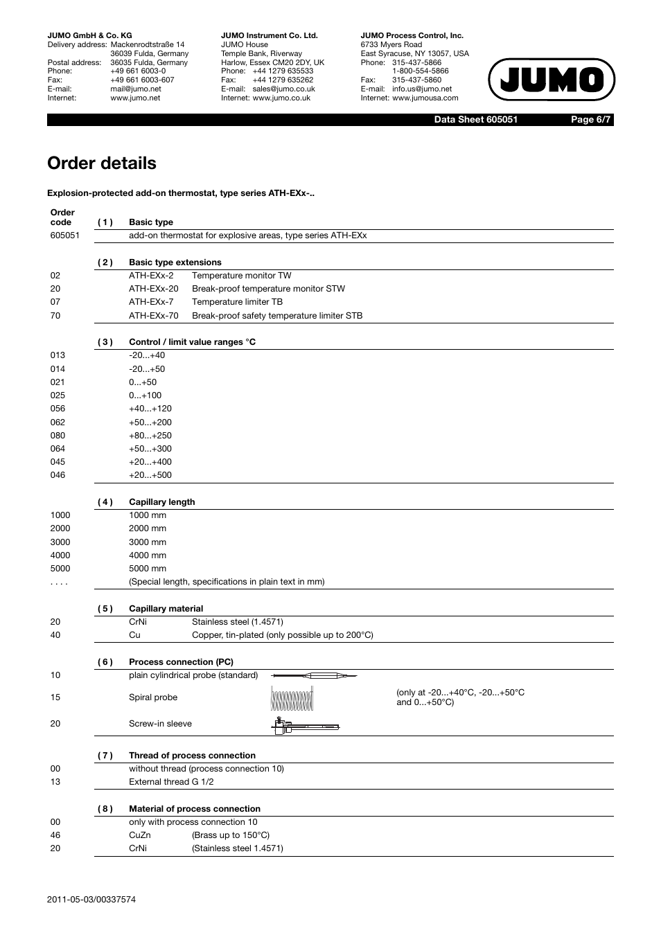 Order details | JUMO 60.5051 Explosion-protected surface-mounting thermostat, ATH-EXx Data Sheet User Manual | Page 6 / 7