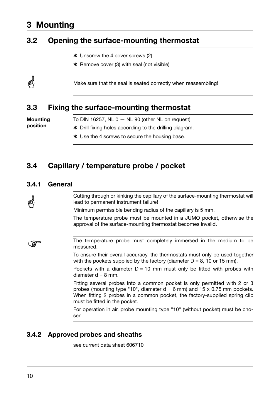 3 mounting, 2 opening the surface-mounting thermostat, 3 fixing the surface-mounting thermostat | 4 capillary / temperature probe / pocket | JUMO 60.5051 Explosion-protected surface-mounting thermostat, ATH-EXx Operating Manual User Manual | Page 10 / 32