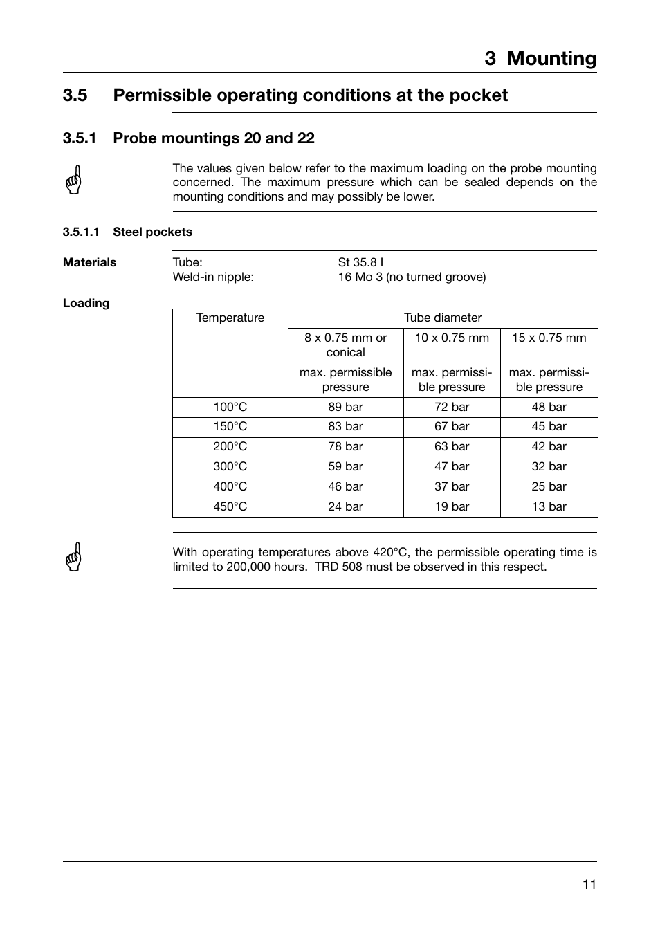 3 mounting, 5 permissible operating conditions at the pocket | JUMO 60.5051 Explosion-protected surface-mounting thermostat, ATH-EXx Operating Manual User Manual | Page 11 / 32