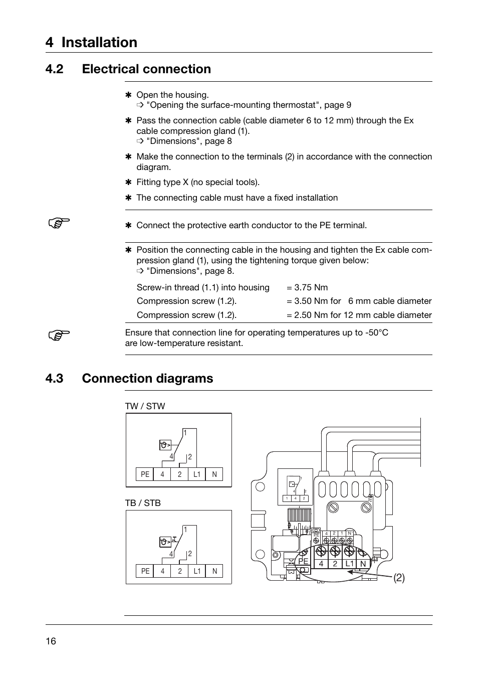 4 installation, 2 electrical connection, 3 connection diagrams | JUMO 60.5051 Explosion-protected surface-mounting thermostat, ATH-EXx Operating Manual User Manual | Page 16 / 32