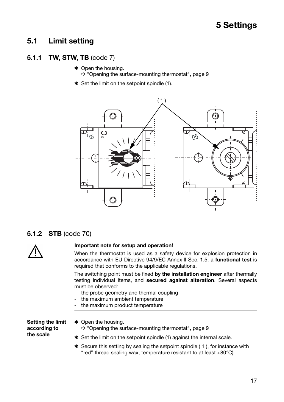 5 settings, 1 limit setting | JUMO 60.5051 Explosion-protected surface-mounting thermostat, ATH-EXx Operating Manual User Manual | Page 17 / 32