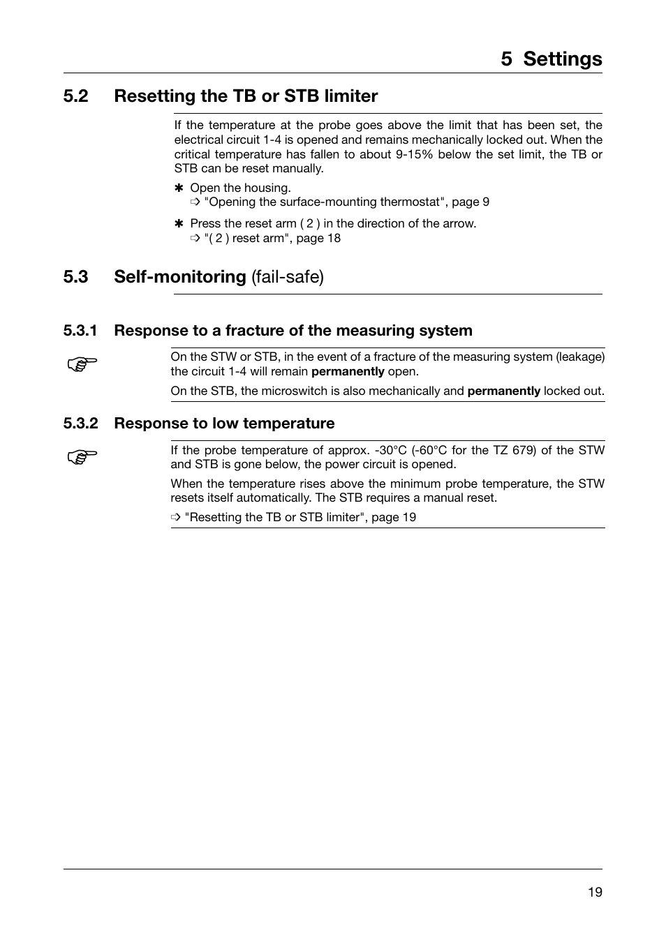 5 settings, 2 resetting the tb or stb limiter, 3 self-monitoring (fail-safe) | JUMO 60.5051 Explosion-protected surface-mounting thermostat, ATH-EXx Operating Manual User Manual | Page 19 / 32