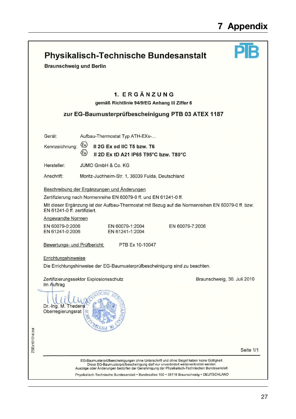 7 appendix | JUMO 60.5051 Explosion-protected surface-mounting thermostat, ATH-EXx Operating Manual User Manual | Page 27 / 32