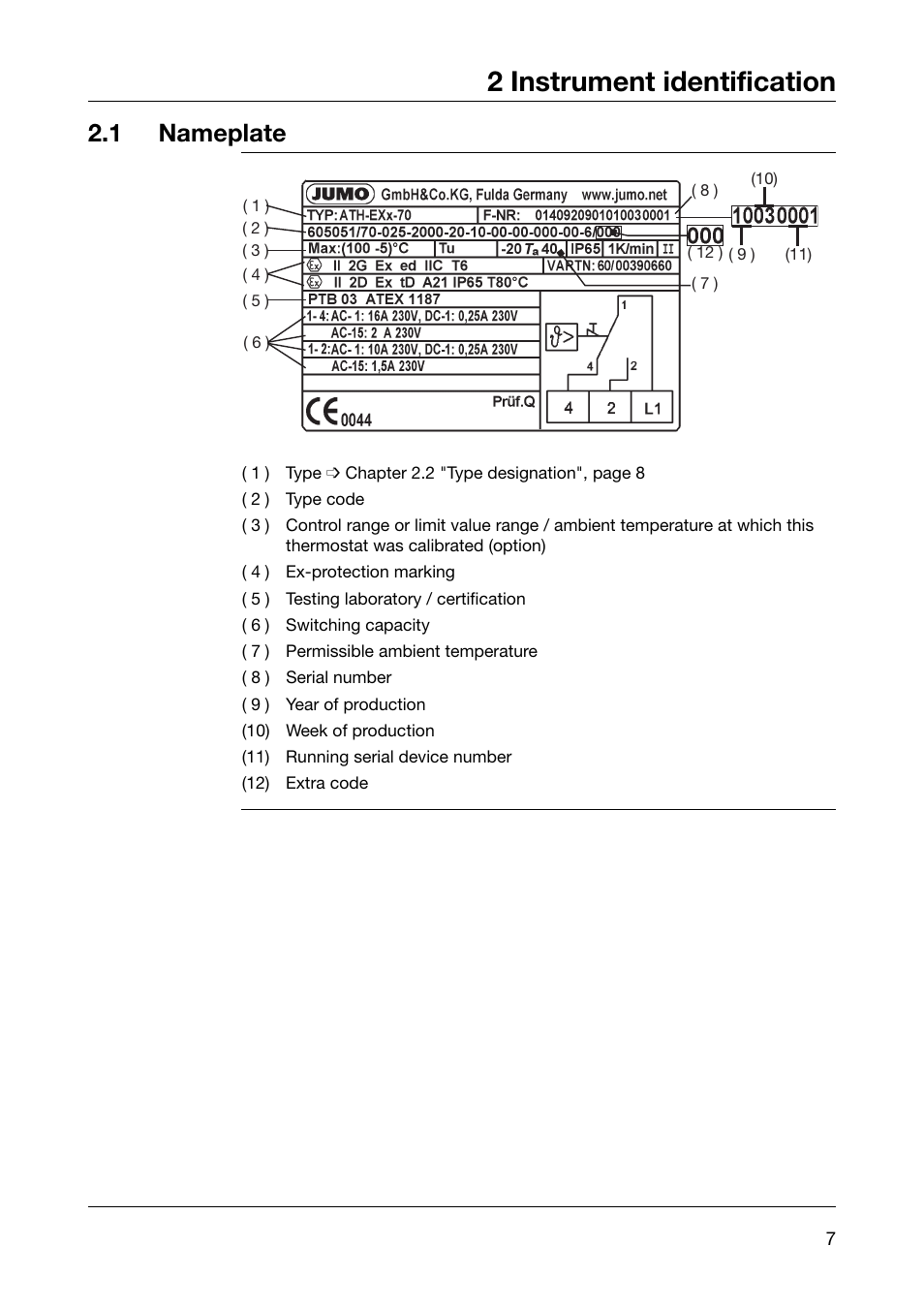 2 instrument identification, 1 nameplate | JUMO 60.5051 Explosion-protected surface-mounting thermostat, ATH-EXx Operating Manual User Manual | Page 7 / 32
