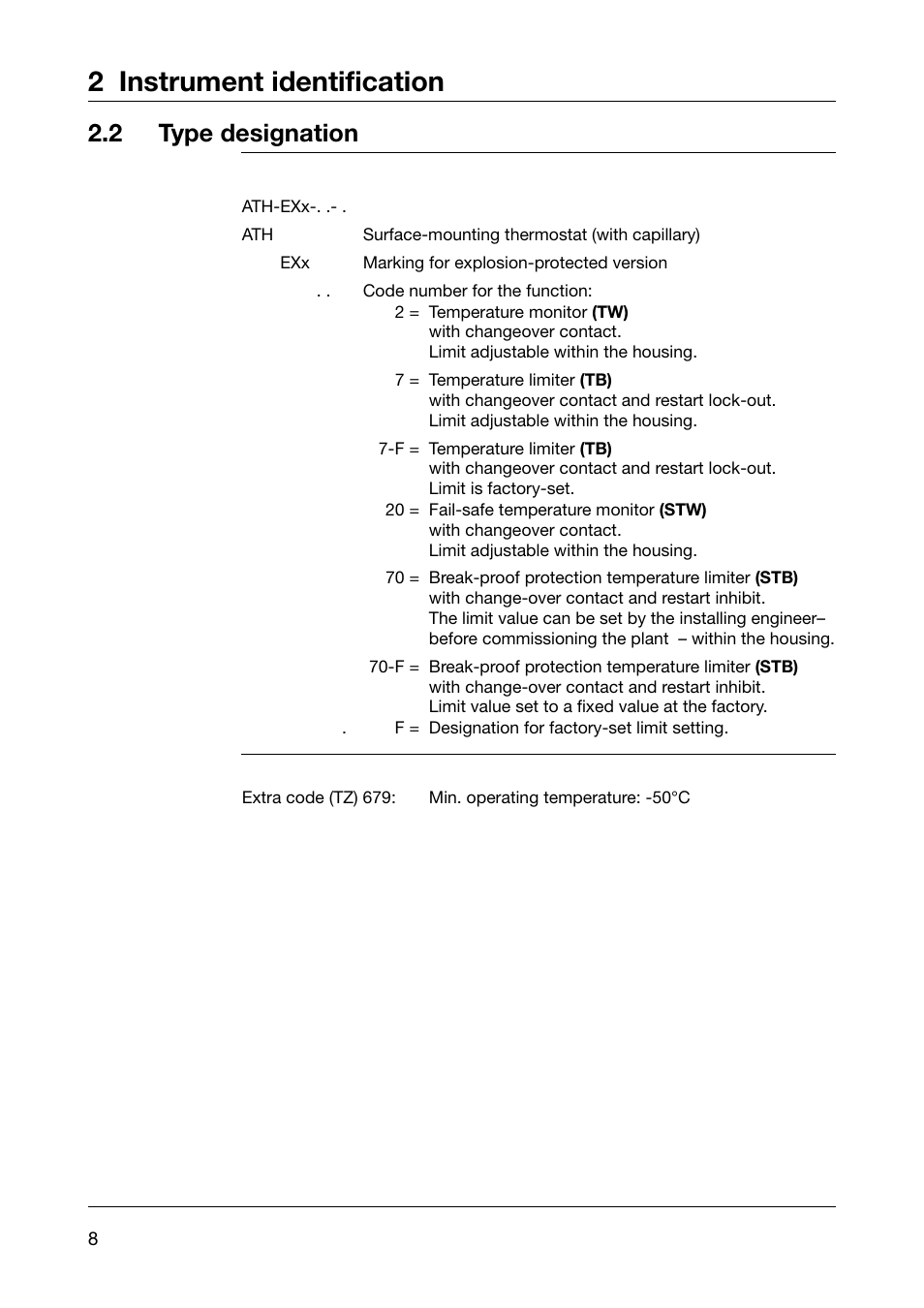 2 instrument identification, 2 type designation | JUMO 60.5051 Explosion-protected surface-mounting thermostat, ATH-EXx Operating Manual User Manual | Page 8 / 32