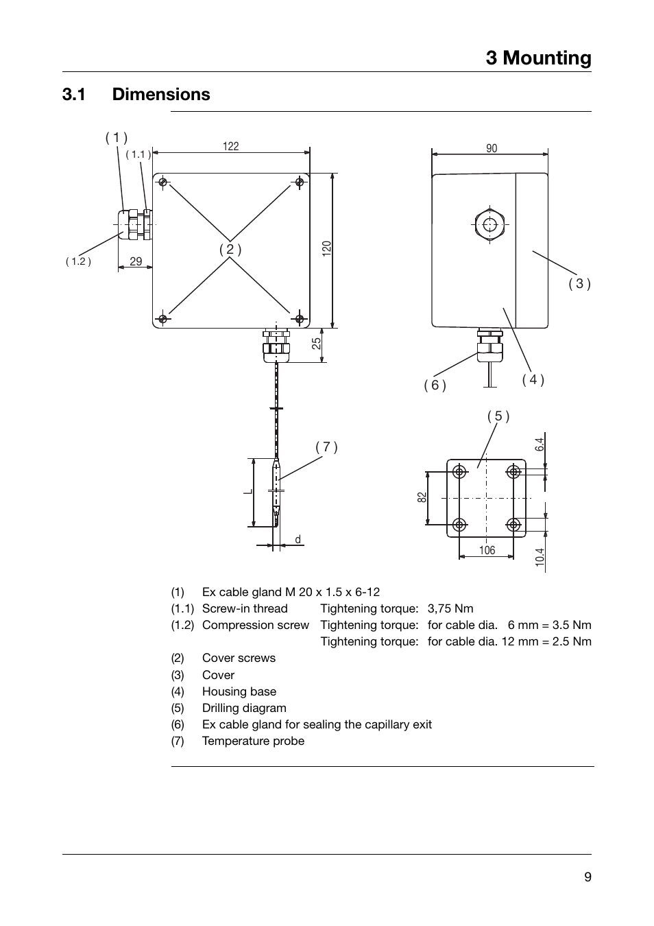 3 mounting, 1 dimensions | JUMO 60.5051 Explosion-protected surface-mounting thermostat, ATH-EXx Operating Manual User Manual | Page 9 / 32