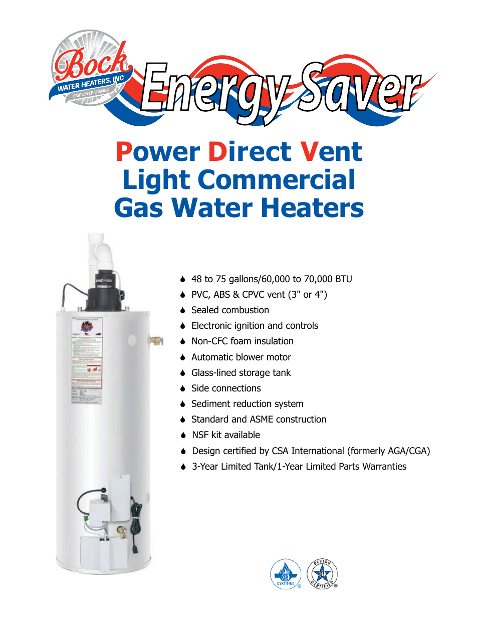 Bock Water heaters P ower D irect V ent Light Commercial Gas Water Heaters User Manual | 2 pages