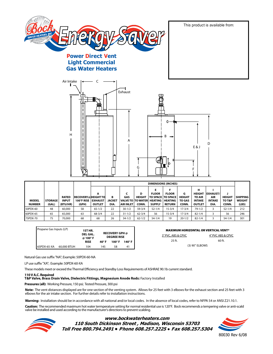 Energy saver | Bock Water heaters P ower D irect V ent Light Commercial Gas Water Heaters User Manual | Page 2 / 2