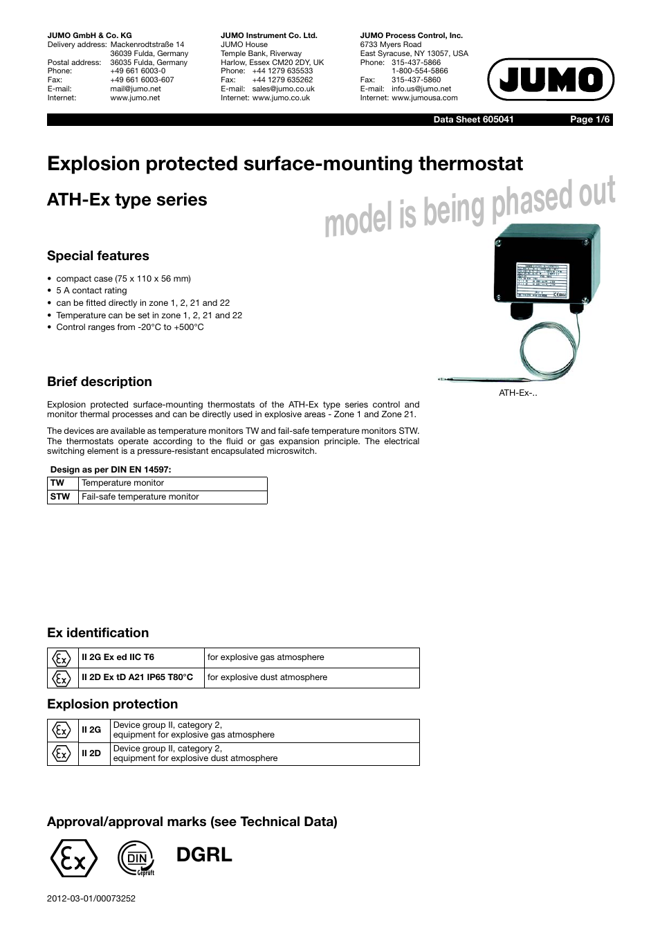 JUMO 605041 Explosion-protected surface-mounting thermostat, ATH-EX Data Sheet User Manual | 6 pages