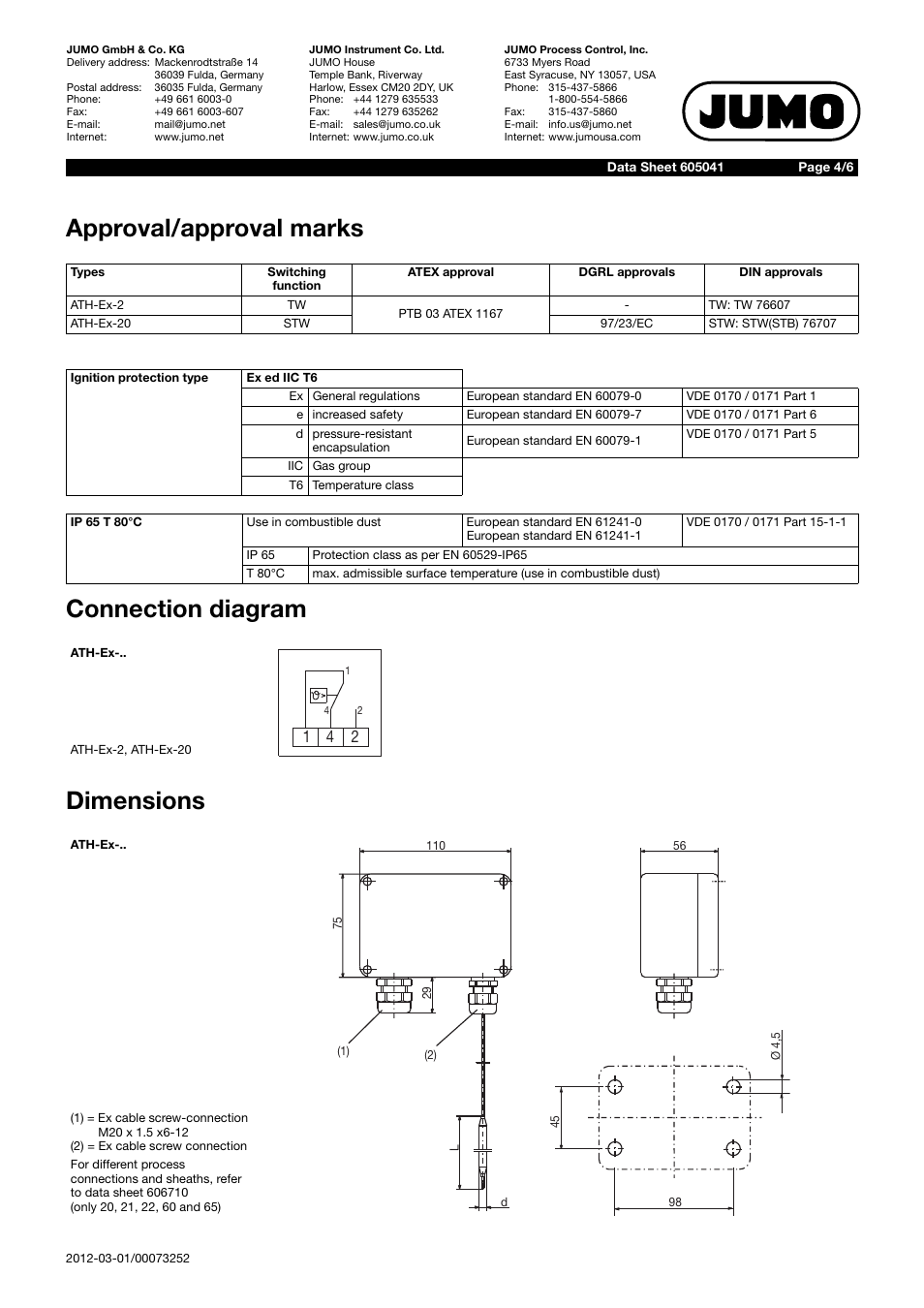 JUMO 605041 Explosion-protected surface-mounting thermostat, ATH-EX Data Sheet User Manual | Page 4 / 6