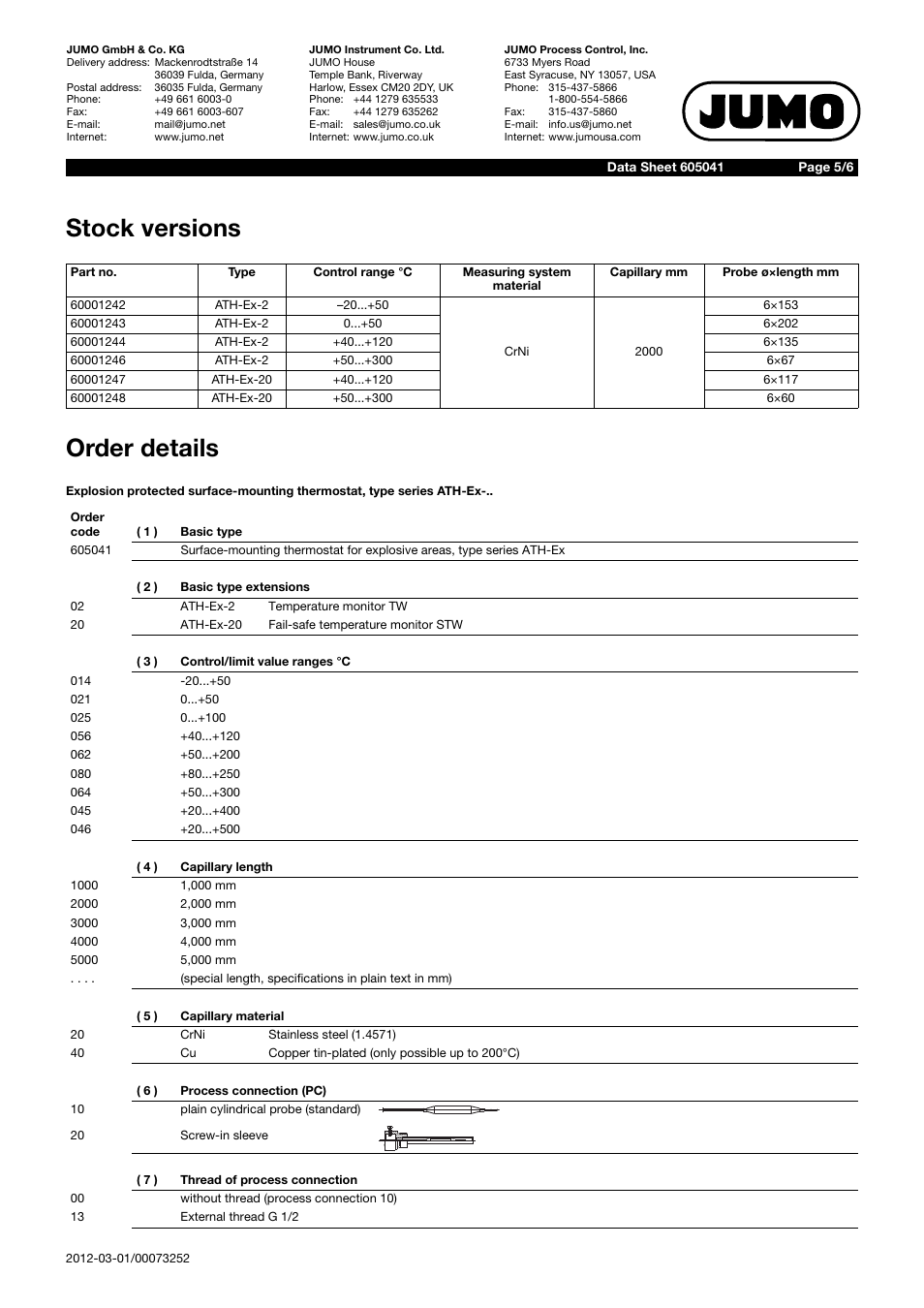 Stock versions order details | JUMO 605041 Explosion-protected surface-mounting thermostat, ATH-EX Data Sheet User Manual | Page 5 / 6