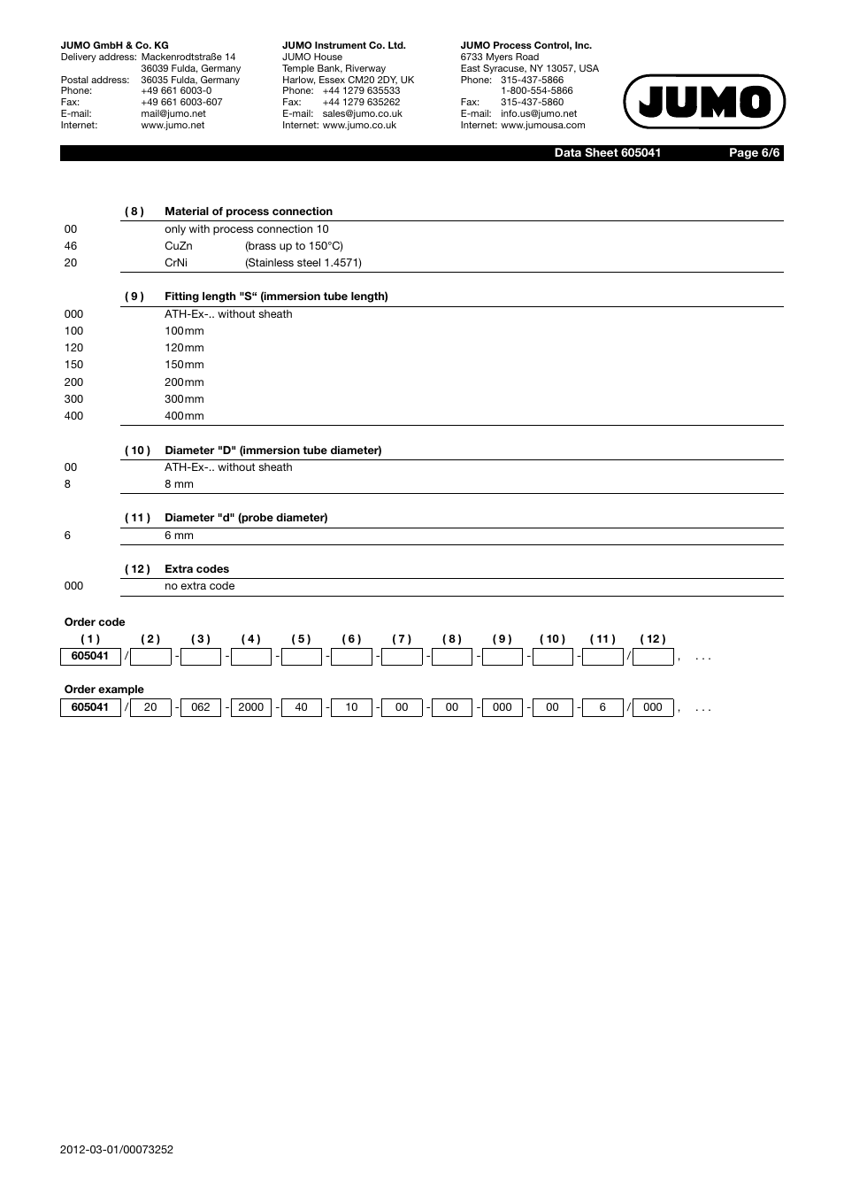 JUMO 605041 Explosion-protected surface-mounting thermostat, ATH-EX Data Sheet User Manual | Page 6 / 6