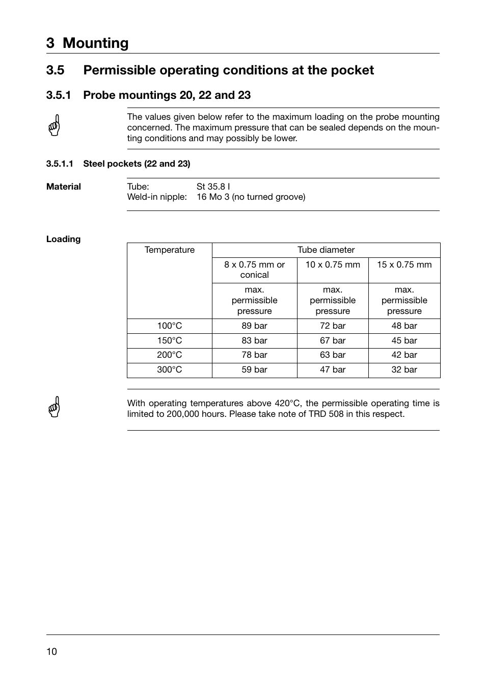 3 mounting, 5 permissible operating conditions at the pocket | JUMO 605041 Explosion-protected surface-mounting thermostat, ATH-EX Operating Manual User Manual | Page 10 / 24