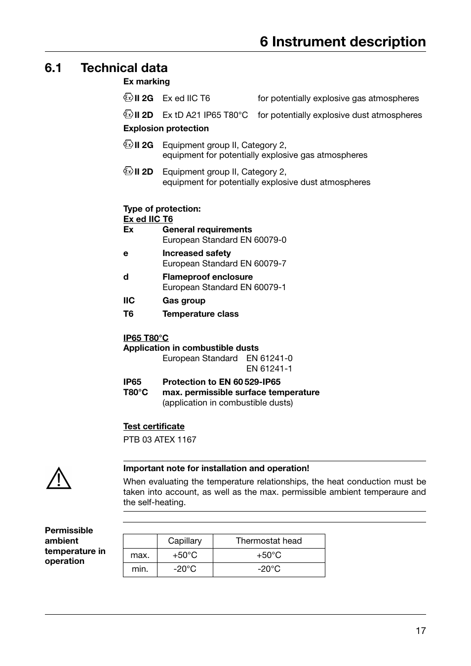 6 instrument description, 1 technical data | JUMO 605041 Explosion-protected surface-mounting thermostat, ATH-EX Operating Manual User Manual | Page 17 / 24