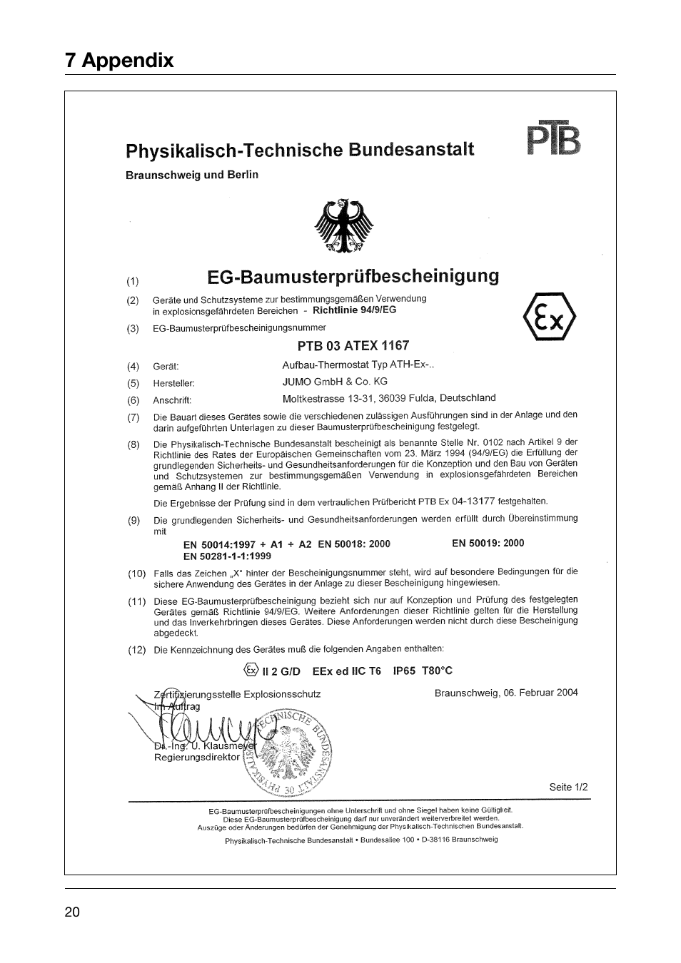 7 appendix | JUMO 605041 Explosion-protected surface-mounting thermostat, ATH-EX Operating Manual User Manual | Page 20 / 24