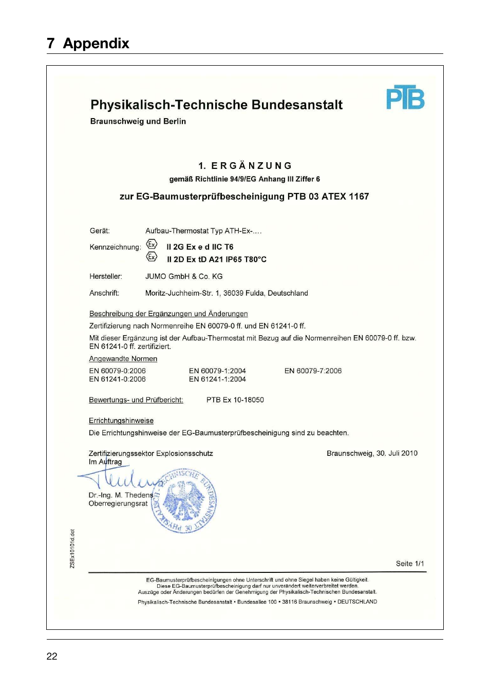 7 appendix | JUMO 605041 Explosion-protected surface-mounting thermostat, ATH-EX Operating Manual User Manual | Page 22 / 24