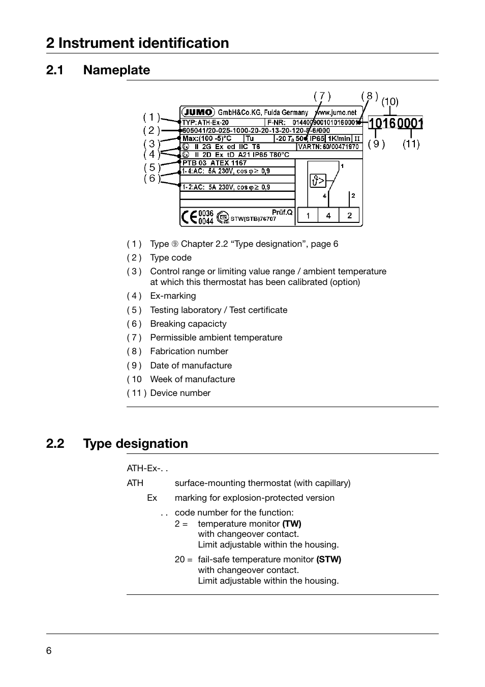2 instrument identification, 1 nameplate, 2 type designation | JUMO 605041 Explosion-protected surface-mounting thermostat, ATH-EX Operating Manual User Manual | Page 6 / 24