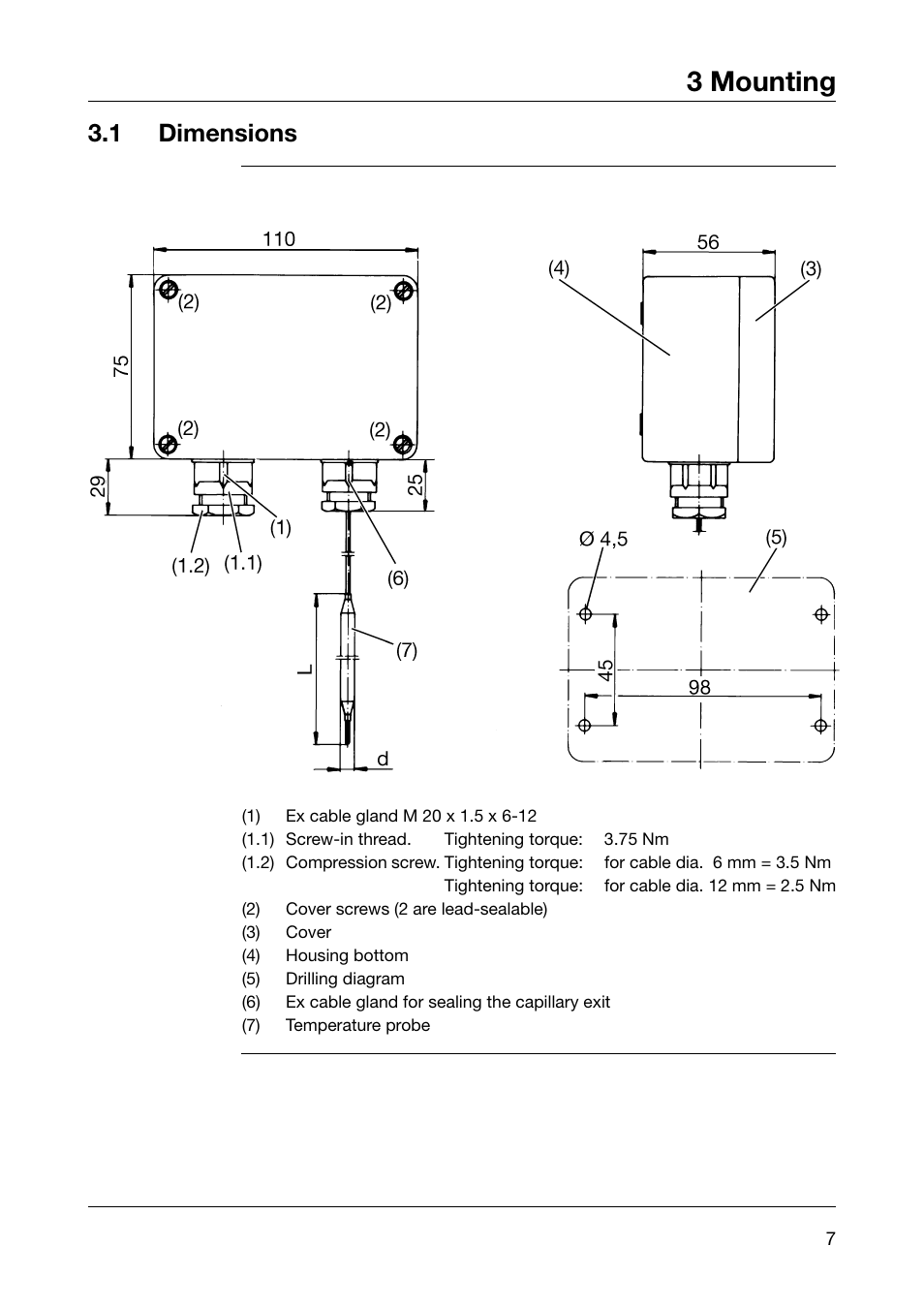 3 mounting, 1 dimensions | JUMO 605041 Explosion-protected surface-mounting thermostat, ATH-EX Operating Manual User Manual | Page 7 / 24