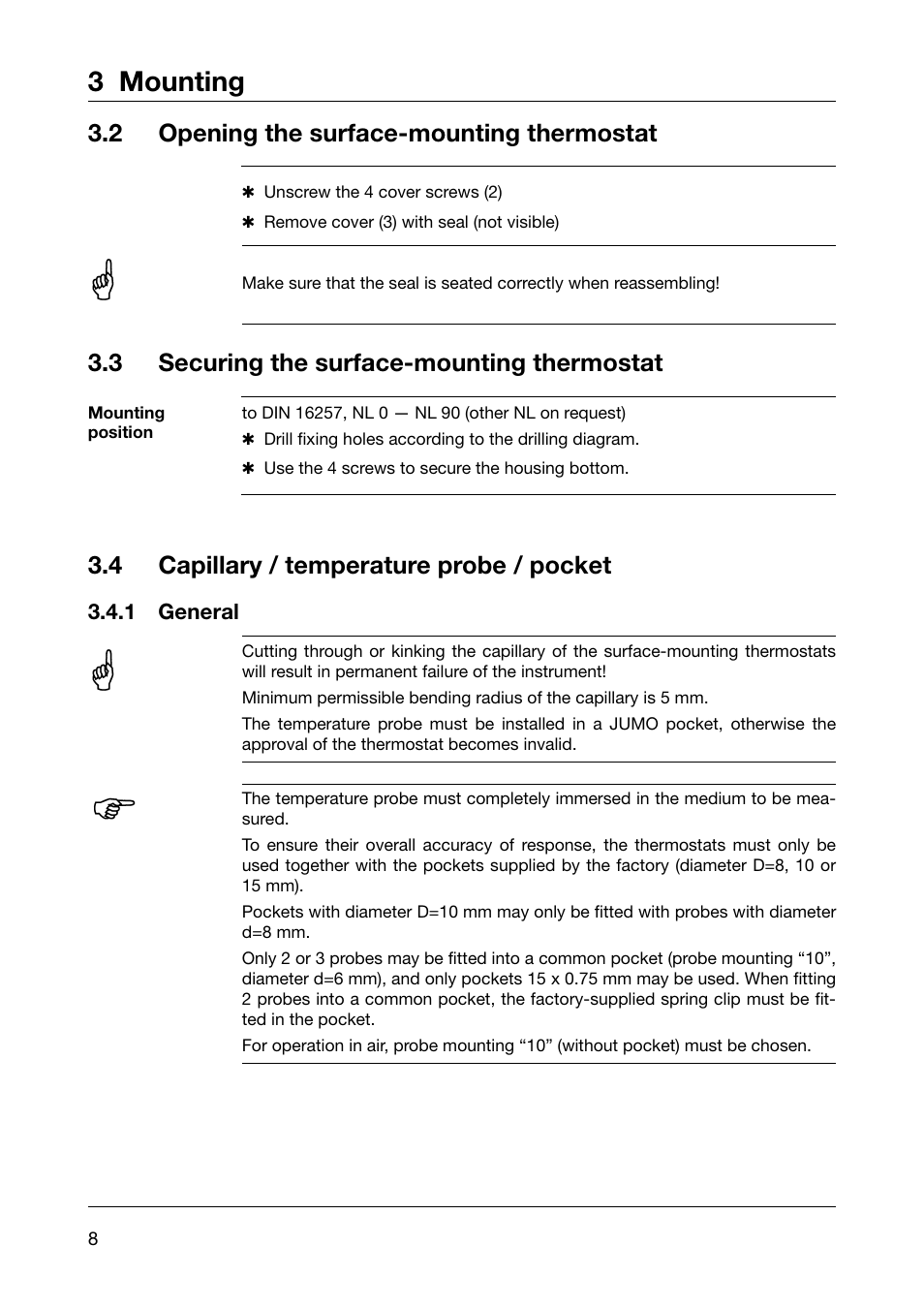 3 mounting, 2 opening the surface-mounting thermostat, 3 securing the surface-mounting thermostat | 4 capillary / temperature probe / pocket | JUMO 605041 Explosion-protected surface-mounting thermostat, ATH-EX Operating Manual User Manual | Page 8 / 24