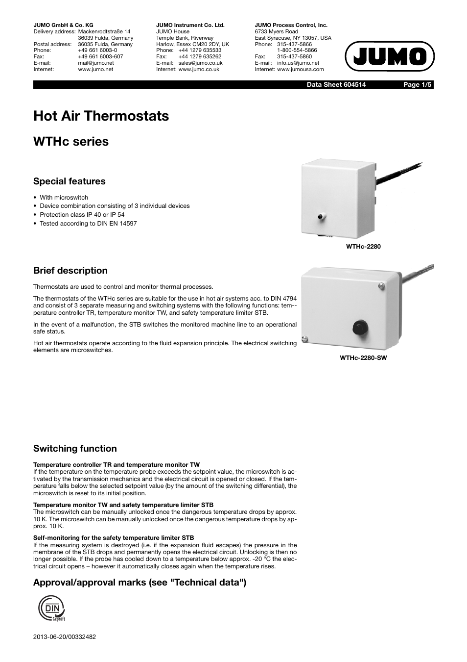 JUMO 60.4514 Hot air thermostats, WTHc Data Sheet User Manual | 5 pages