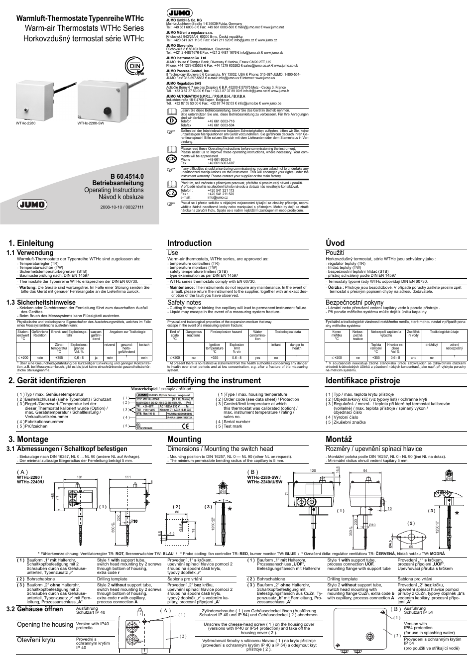 JUMO 60.4514 Hot air thermostats, WTHc Operating Manual User Manual | 2 pages