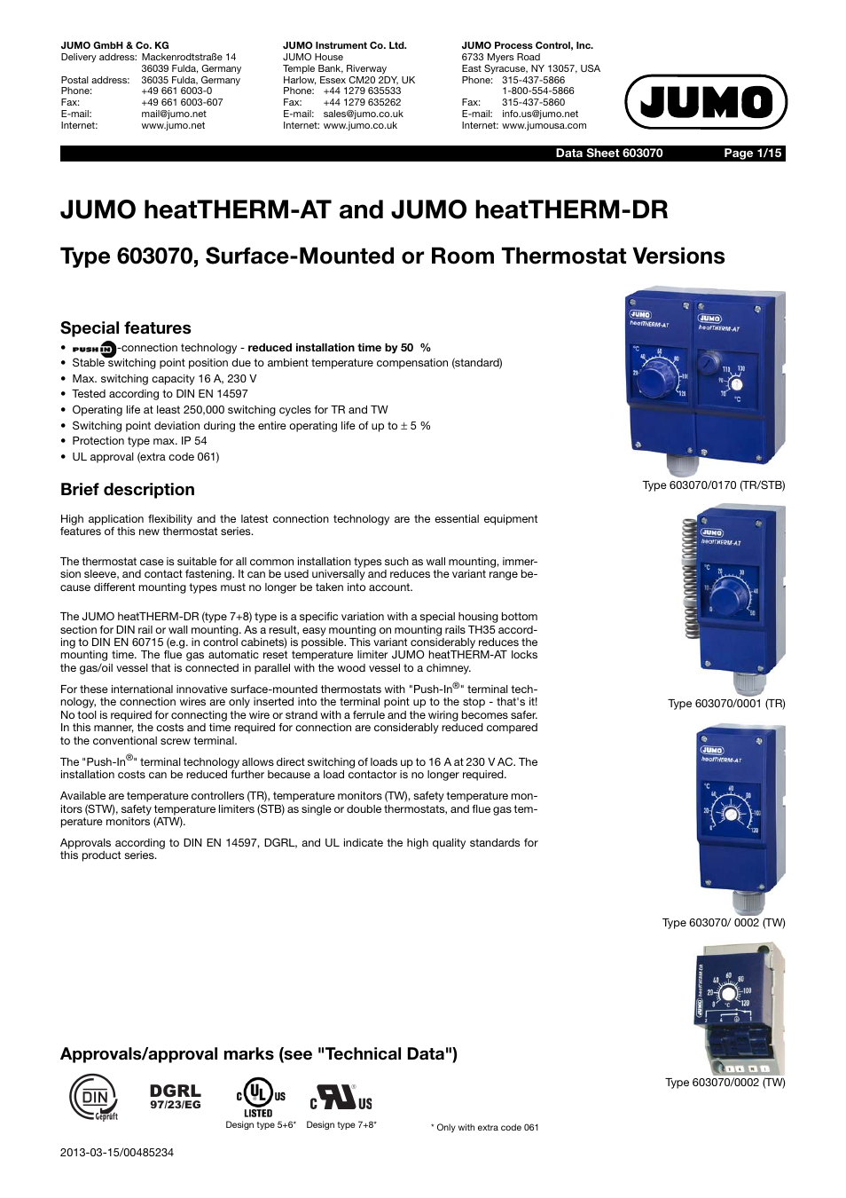 JUMO 603070 heatTHERM-AT/heatTHERM-DR Data Sheet User Manual | 15 pages