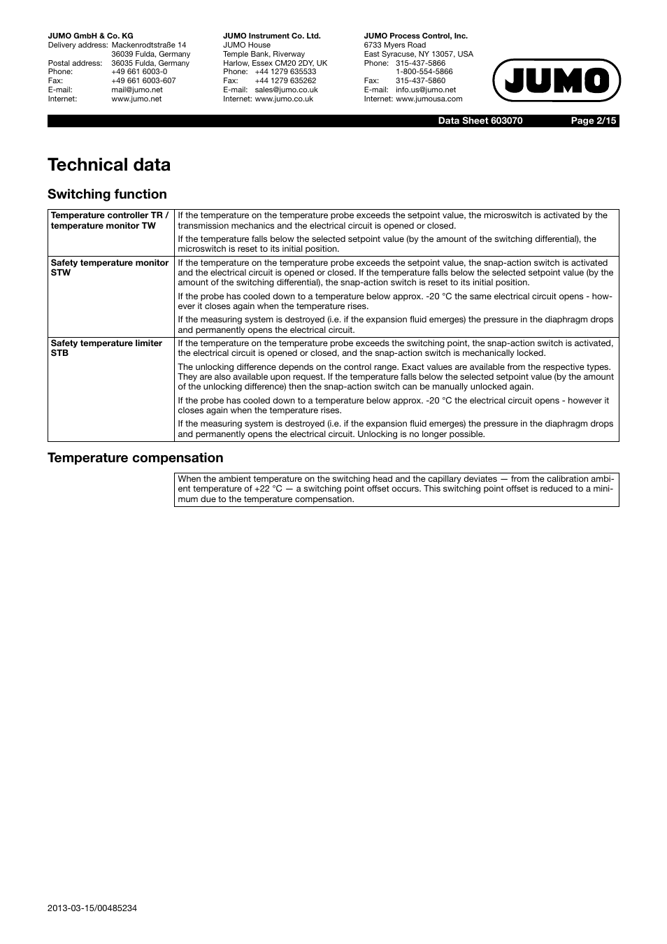 Technical data, Switching function temperature compensation | JUMO 603070 heatTHERM-AT/heatTHERM-DR Data Sheet User Manual | Page 2 / 15