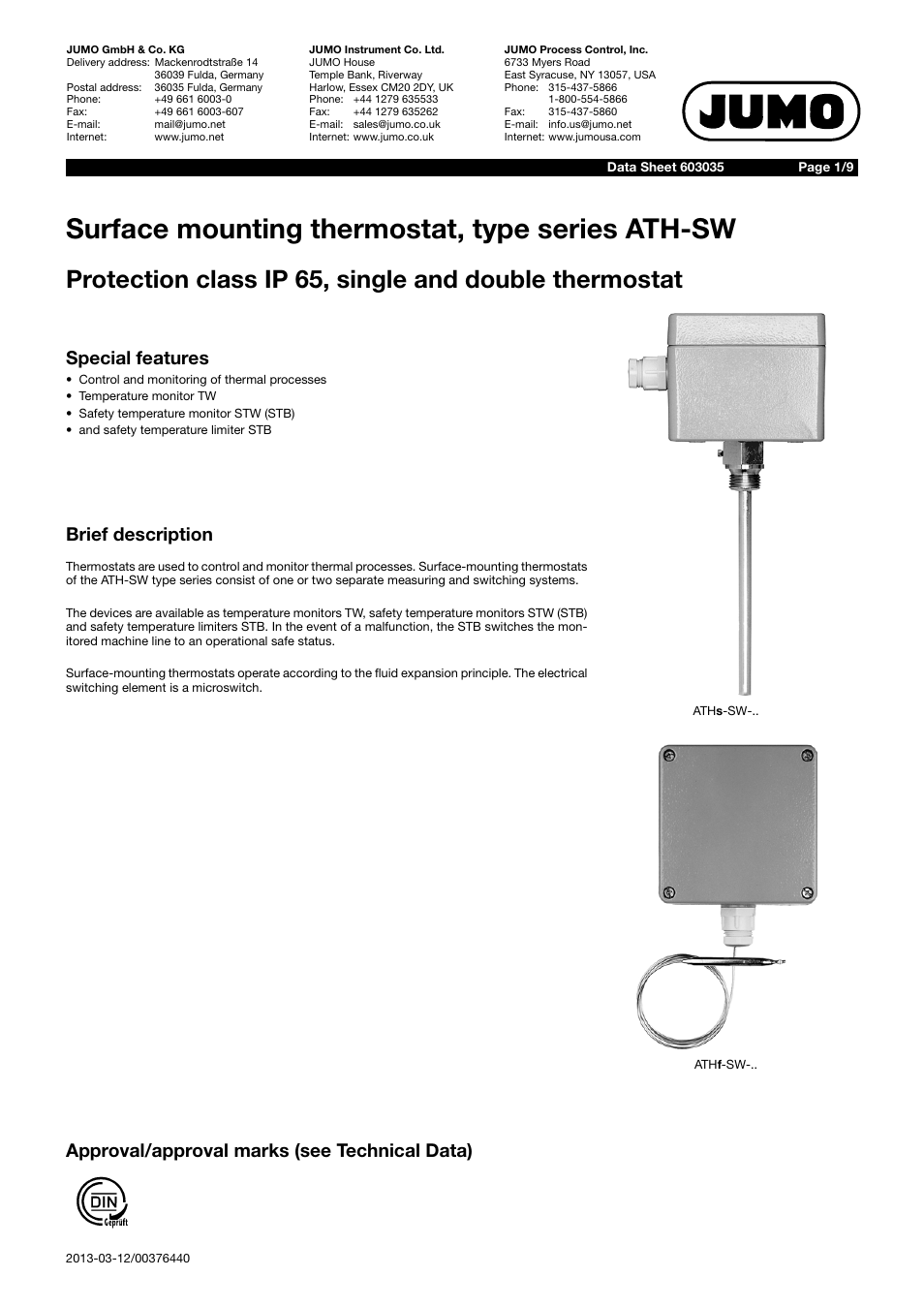JUMO 60.3035 Surface-mounting single or twin thermostat, ATH-SW Data Sheet User Manual | 9 pages