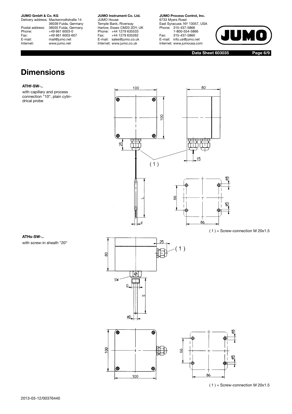 Dimensions | JUMO 60.3035 Surface-mounting single or twin thermostat, ATH-SW Data Sheet User Manual | Page 6 / 9