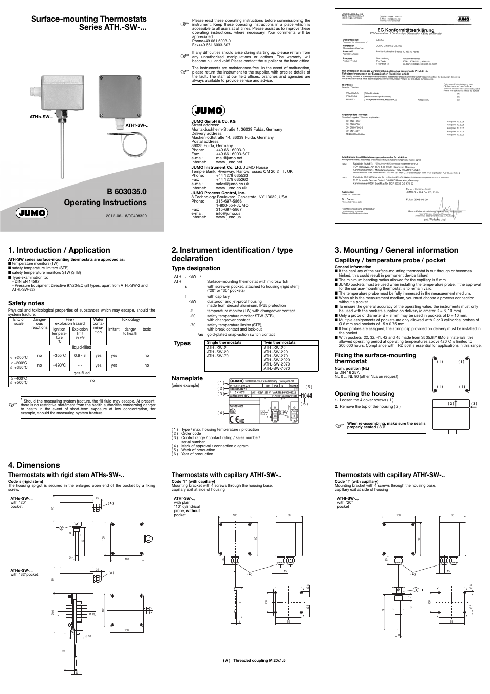 JUMO 60.3035 Surface-mounting single or twin thermostat, ATH-SW Operating Manual User Manual | 2 pages