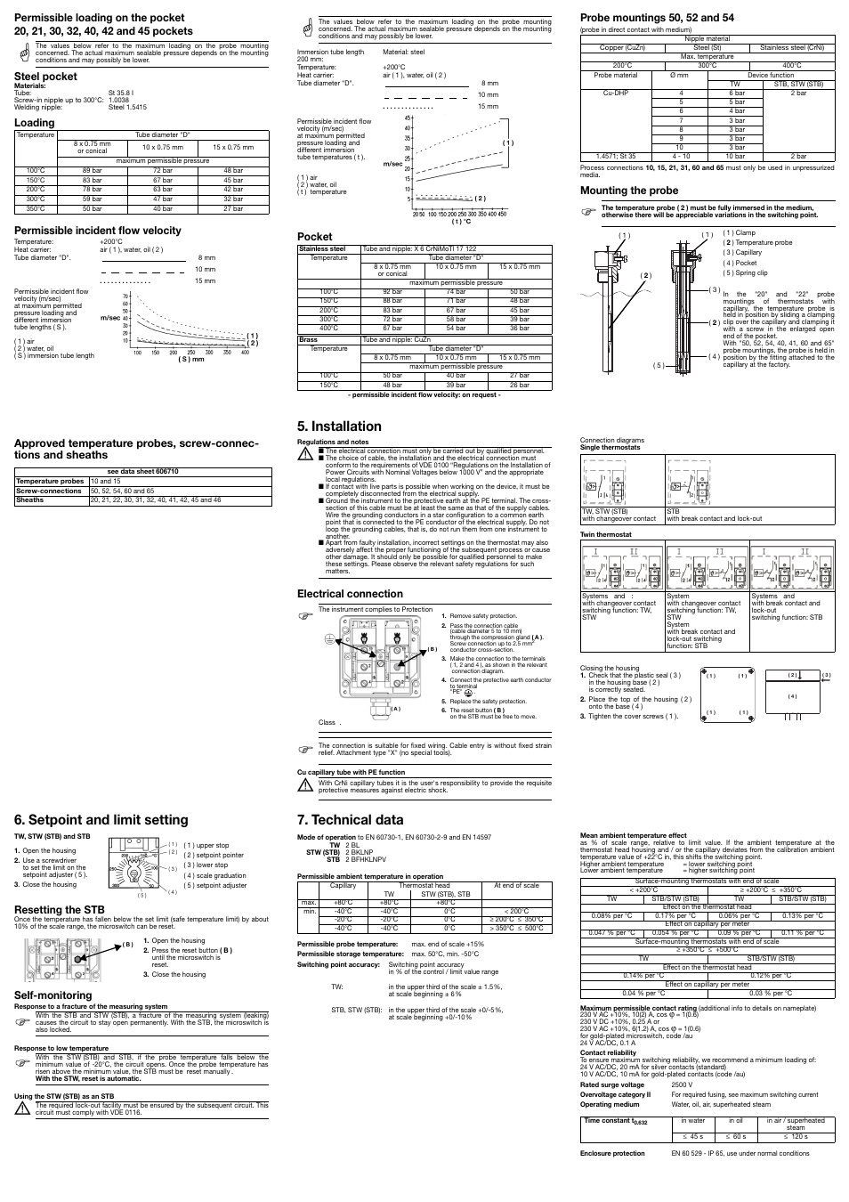 Installation, Technical data, Setpoint and limit setting | Loading permissible incident flow velocity, Pocket, Mounting the probe, Electrical connection, Resetting the stb, Self-monitoring | JUMO 60.3035 Surface-mounting single or twin thermostat, ATH-SW Operating Manual User Manual | Page 2 / 2