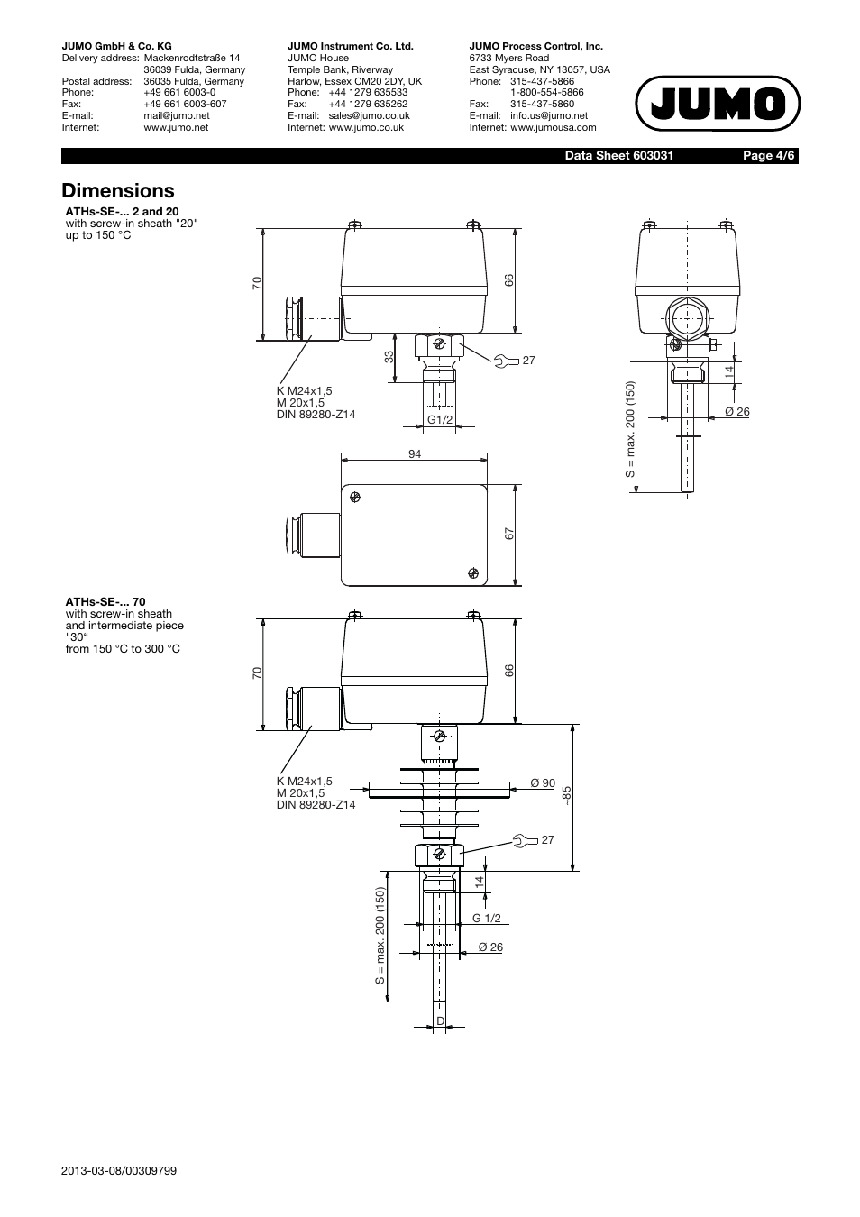 Dimensions | JUMO 60.3031 Surface-mounting thermostats, ATH.-SE Data Sheet User Manual | Page 4 / 6