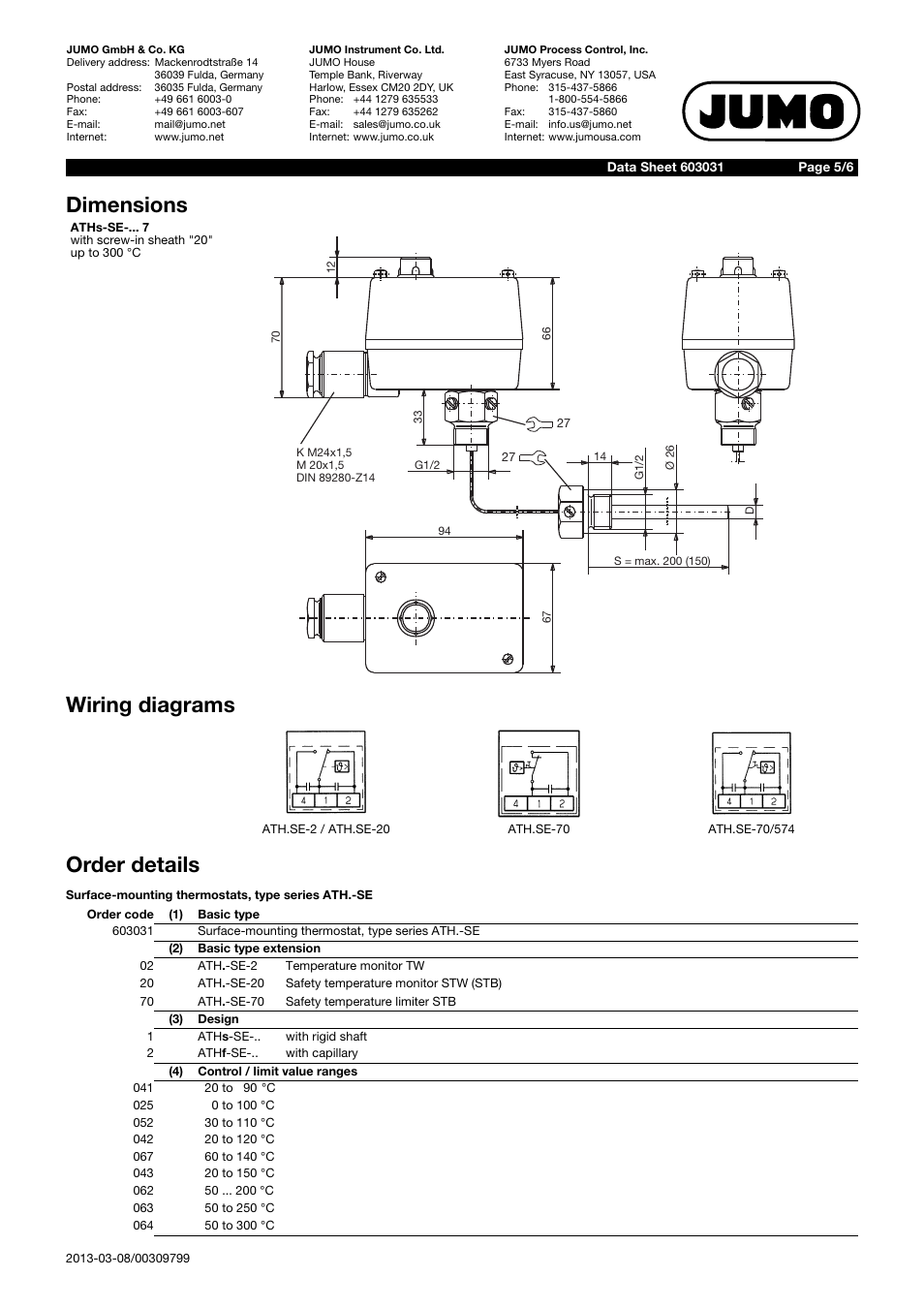 Dimensions wiring diagrams, Order details | JUMO 60.3031 Surface-mounting thermostats, ATH.-SE Data Sheet User Manual | Page 5 / 6