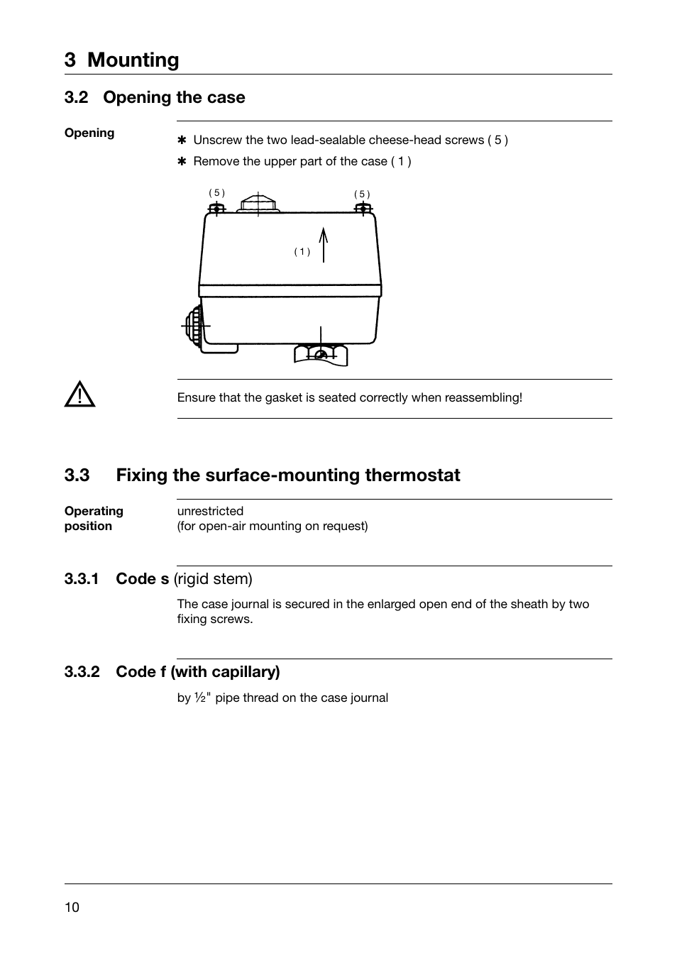 3 mounting, 3 fixing the surface-mounting thermostat, 2 opening the case | JUMO 60.3031 Surface-mounting thermostats, ATH.-SE Operating Manual User Manual | Page 10 / 24