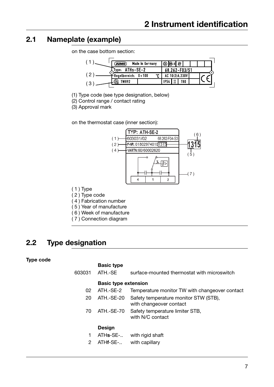 2 instrument identification, 1 nameplate (example), 2 type designation | JUMO 60.3031 Surface-mounting thermostats, ATH.-SE Operating Manual User Manual | Page 7 / 24