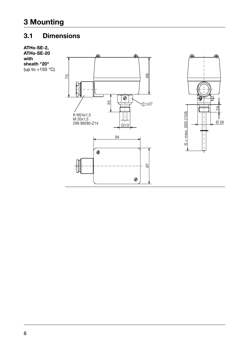 3 mounting, 1 dimensions | JUMO 60.3031 Surface-mounting thermostats, ATH.-SE Operating Manual User Manual | Page 8 / 24