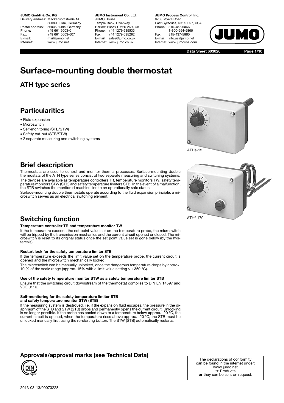 JUMO 603026 Surface-Mounted Double Thermostat ATH Data Sheet User Manual | 10 pages