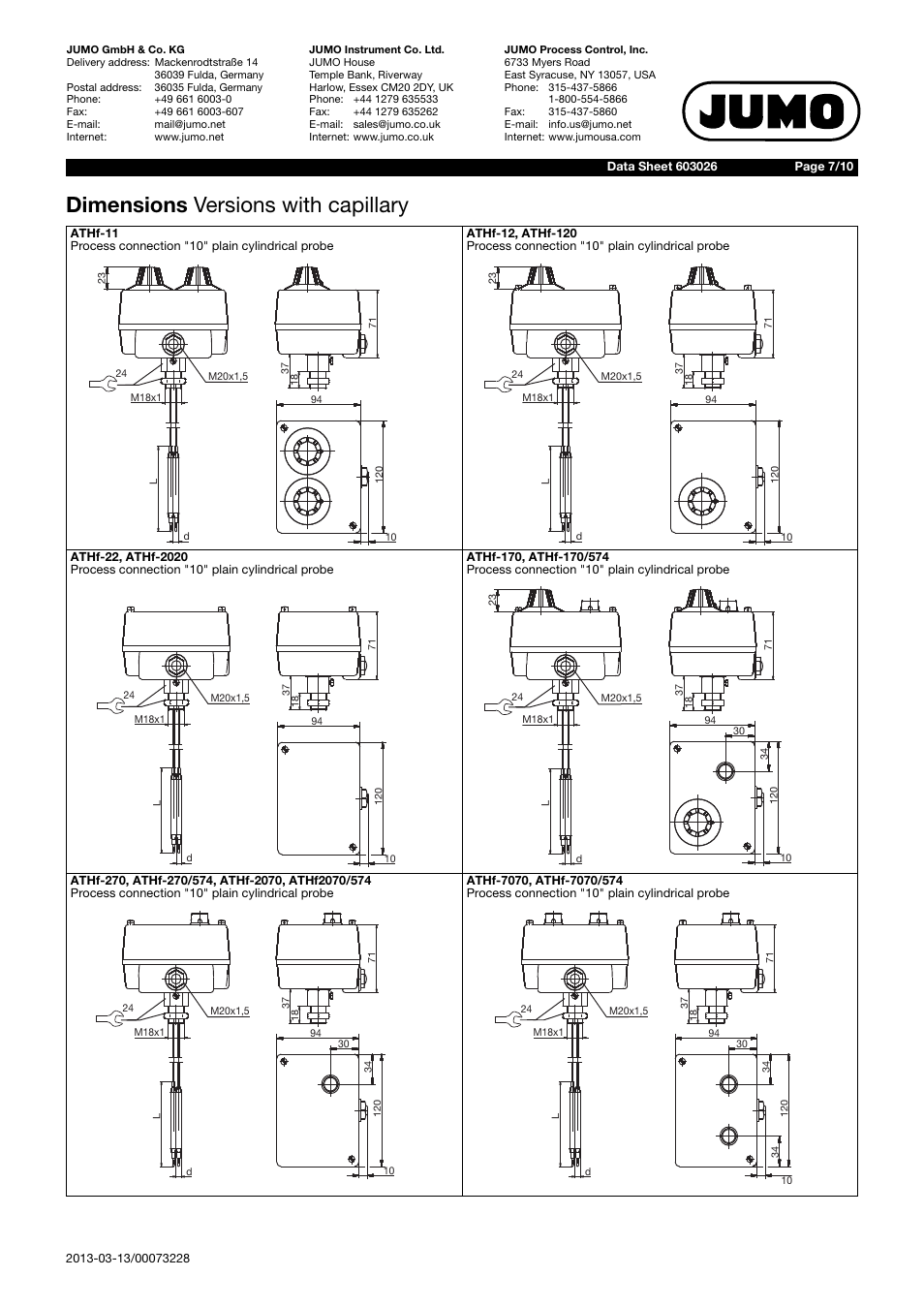 Dimensions versions with capillary | JUMO 603026 Surface-Mounted Double Thermostat ATH Data Sheet User Manual | Page 7 / 10